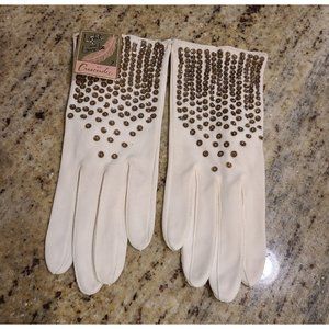 New! Vintage Sz M 7 White Swiss Spun Cotton Stretch Formal Gloves Bronze Sequin